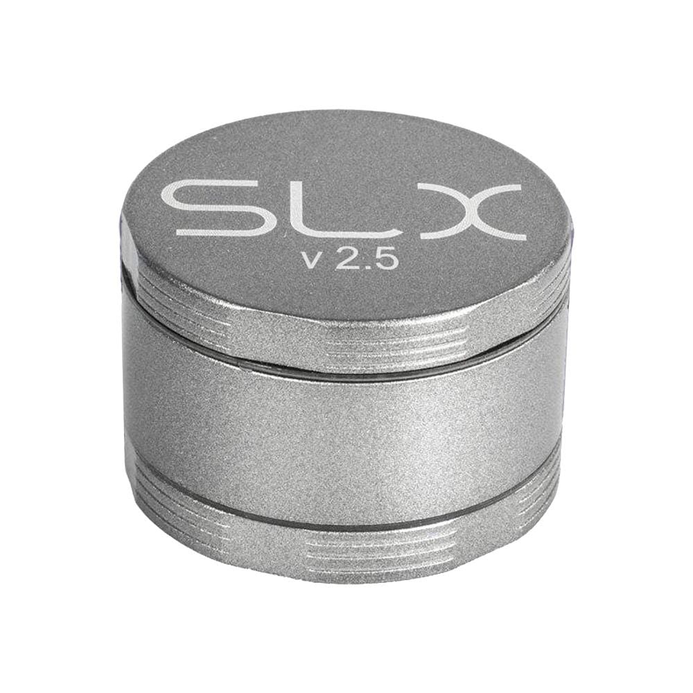 Front view of the SLX Ceramic Coated Metal Grinder, a silver, four-piece metal grinder measuring 2.5 inches in diameter.