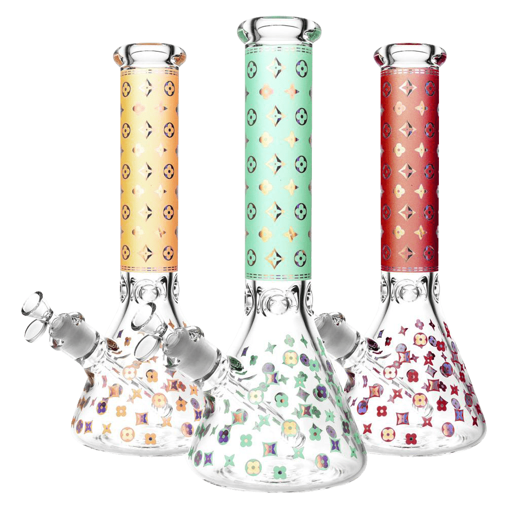 Front view of the Designer Floral Diamond Print Bong, showing a clear glass beaker with a colorful floral pattern.