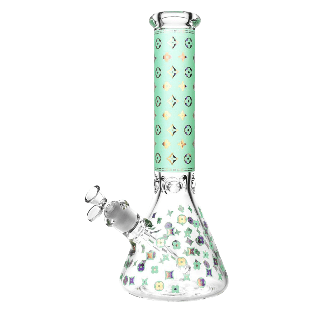 Front view of the Designer Floral Diamond Print Bong, a clear glass beaker with a colorful floral pattern wrapping the neck.