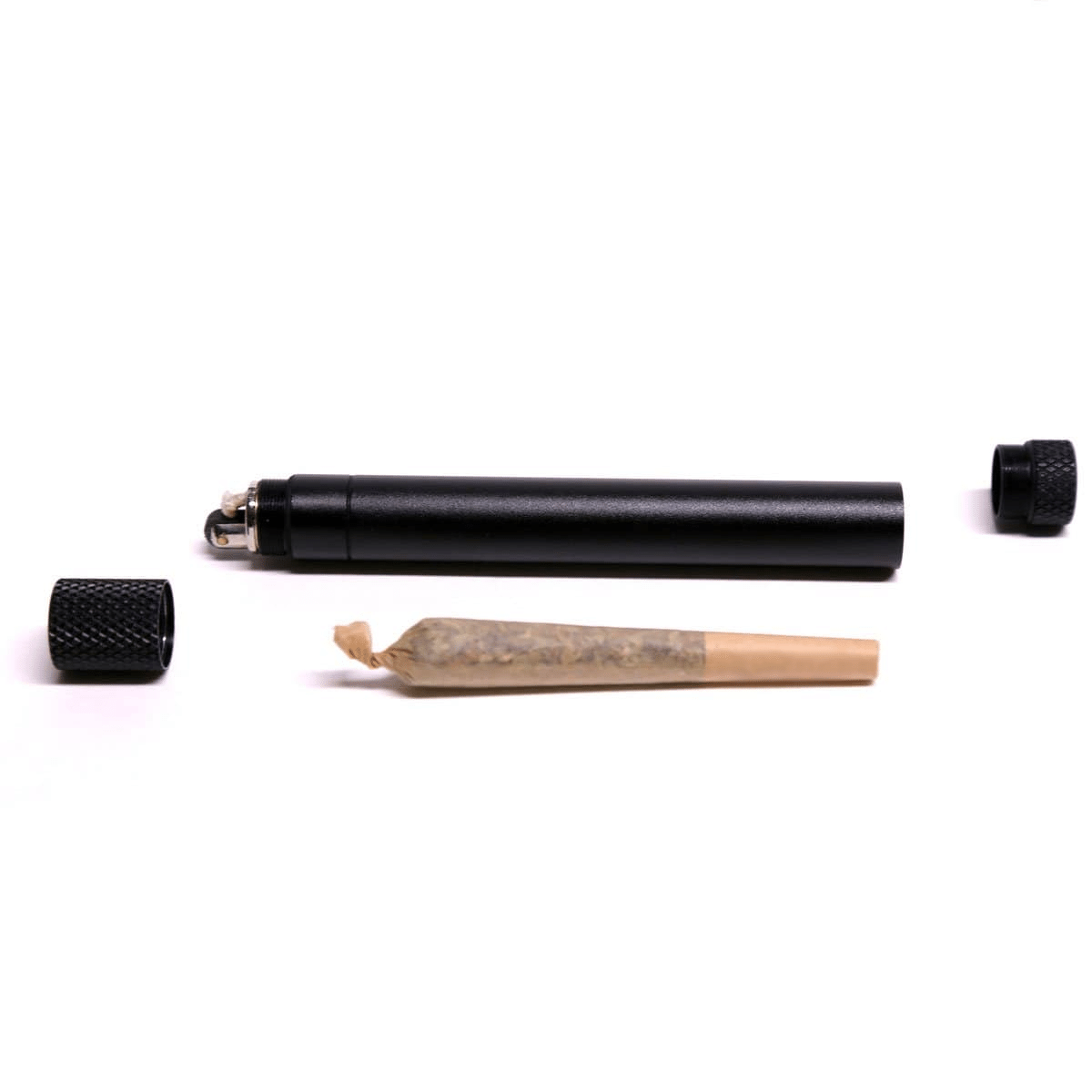 A high-angle view shows the StashLight - Doob Tube & Refillable Lighter with a joint, highlighting its sleek, cylindrical design.