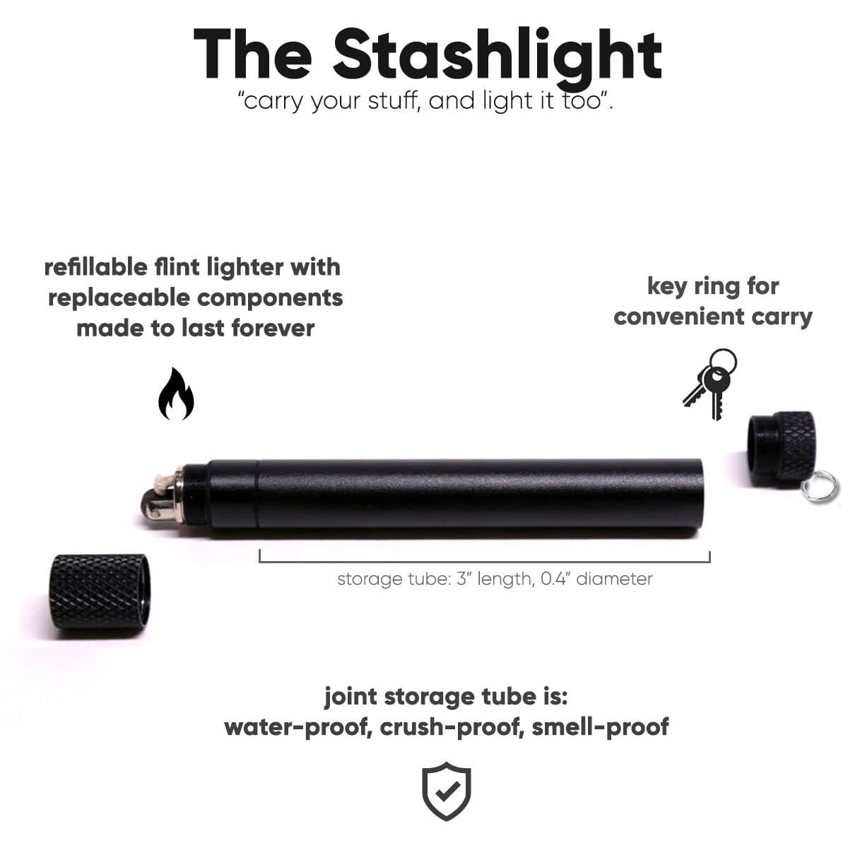 A close-up of the StashLight - Doob Tube & Refillable Lighter, showing its black cylindrical shape against a plain white background.