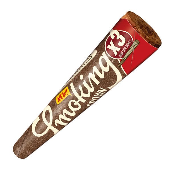 A close-up shows the brown Smoking BROWN King Size Unbleached Cones, angled slightly and displaying the rolled paper texture.
