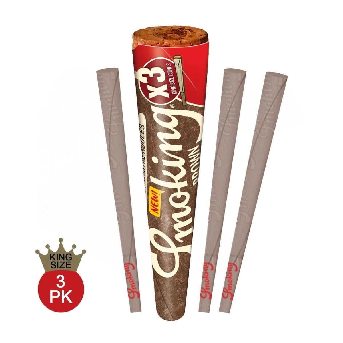 A slightly angled view of Smoking BROWN King Size Unbleached Cones, stacked and presented against a plain white background.