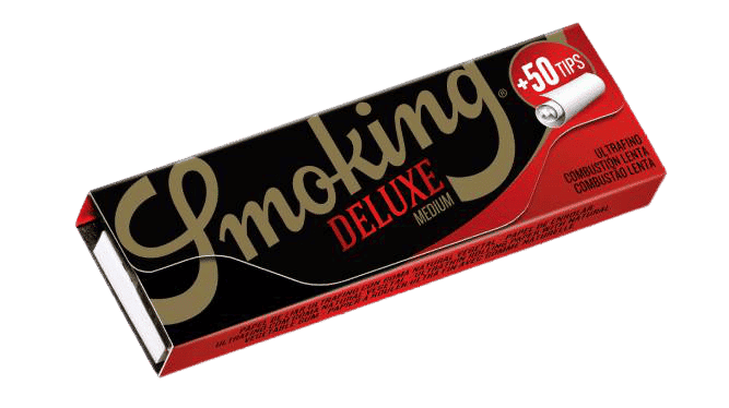 A close-up of the Smoking DELUXE Medium Paper Tips package, displaying the brand name and quantity in bold lettering.