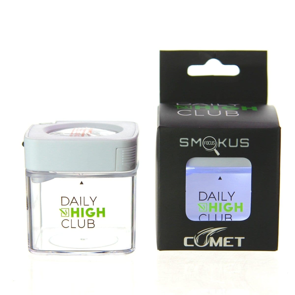Front view of the DHC Originals x Smokus Focus Comet, a compact, metallic device with a sleek, modern design against a plain white background.