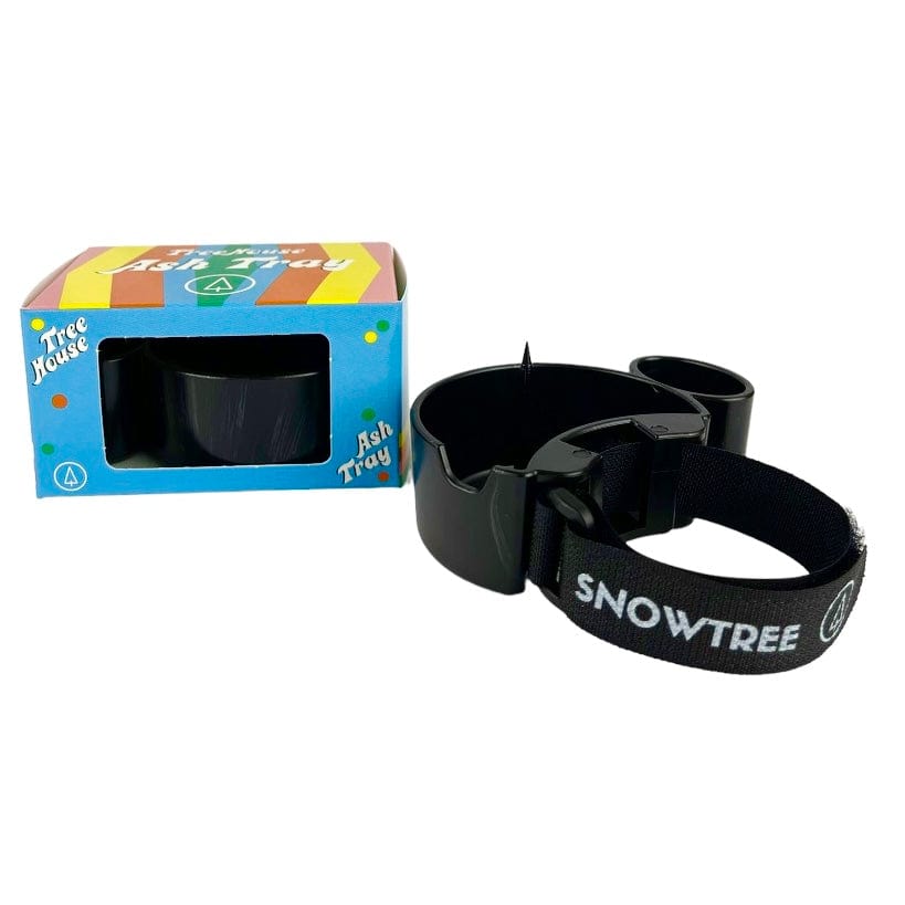 A close-up, angled view of the TreeHouse AshTray, showing its circular shape and glossy black finish.