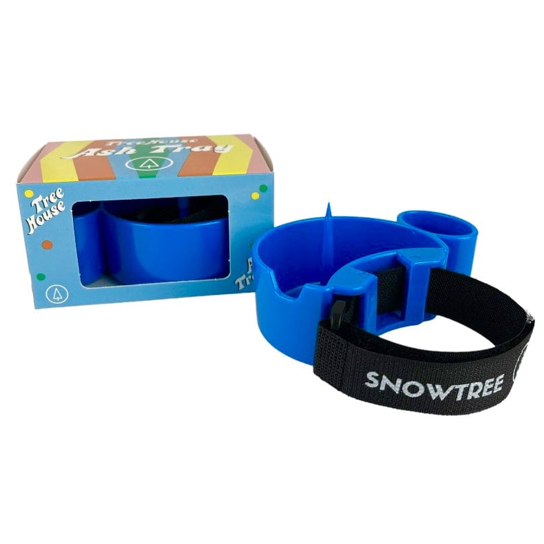 A close-up, angled view of the blue TreeHouse AshTray, showcasing its circular design with three indentations.