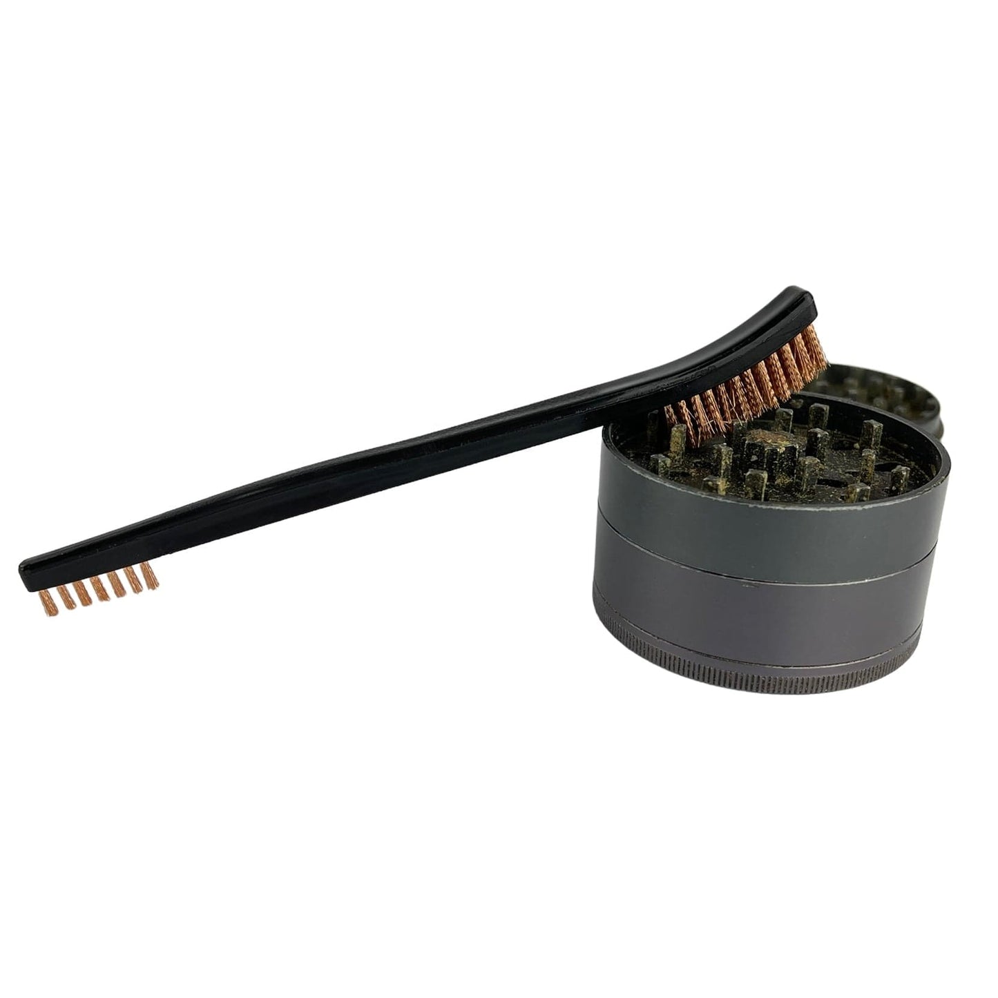 The Grinder Brush features a black handle with red bristles, angled toward a silver grinder in a close-up shot.