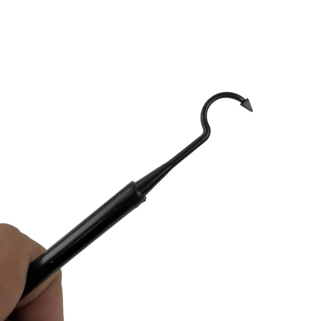 A close-up view of the Plastic Cleaning Pick (Double-Sided) with a curved end, held against a plain white background.