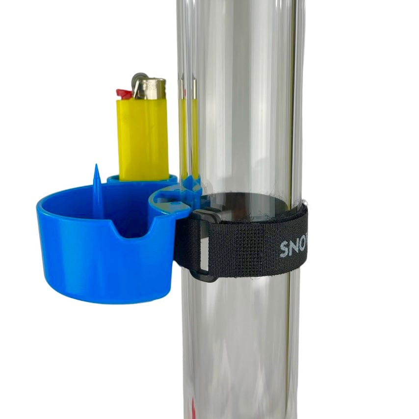 A side view shows the TreeHouse AshTray clipped onto a metallic pole next to a lit lighter.