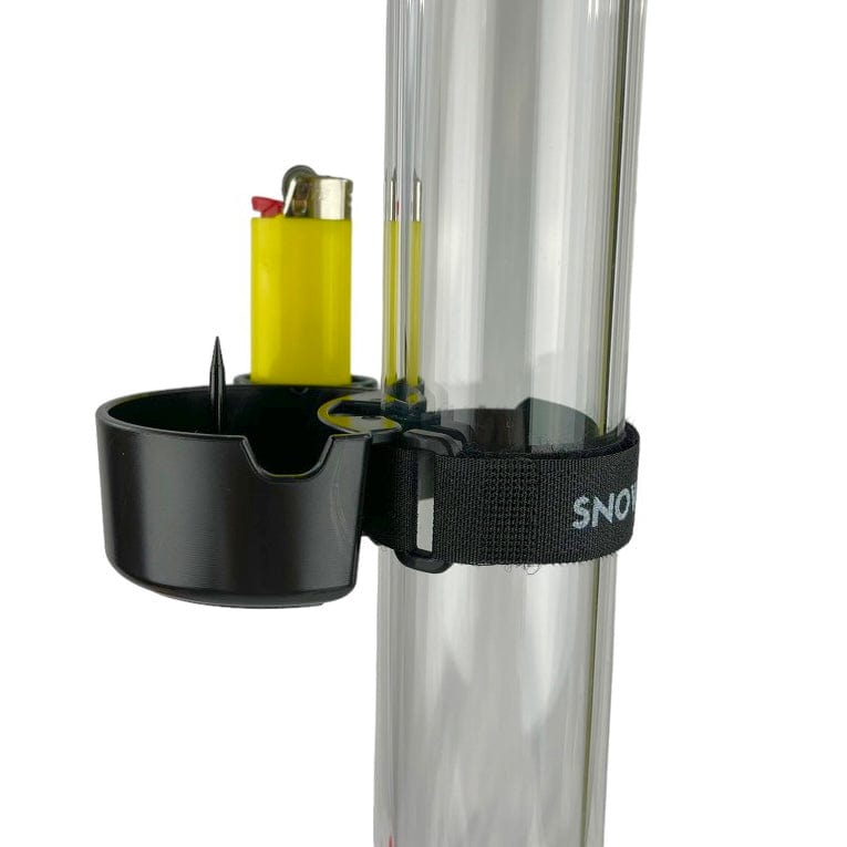 A side view shows the TreeHouse AshTray attached to a silver pole, next to a lit lighter.