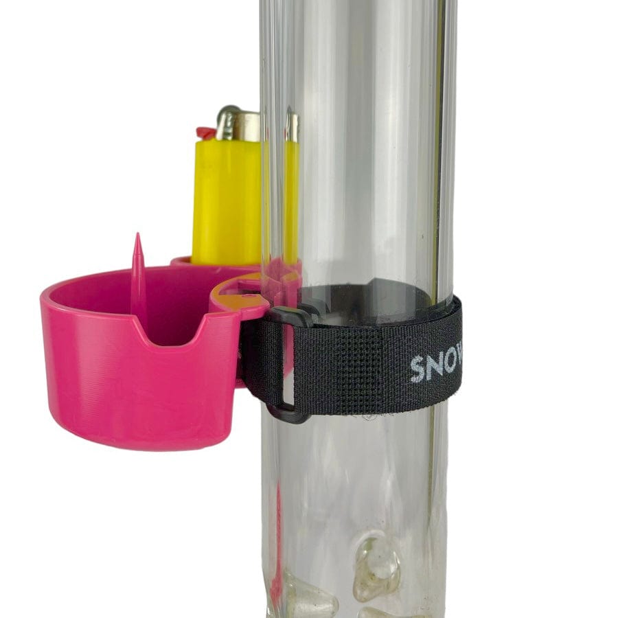 A side view of the TreeHouse AshTray clipped onto a clear glass tube, with a yellow lighter beside it.