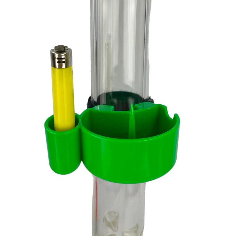 A close-up view of the TreeHouse AshTray attached to a glass tube, showing its rounded green design.