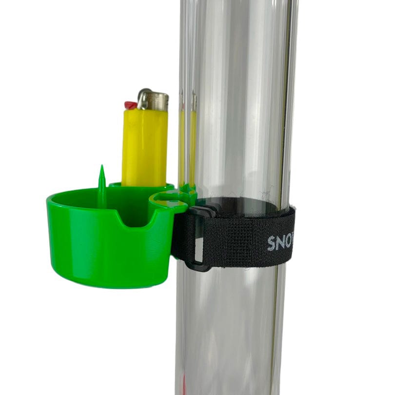 A side view shows the green TreeHouse AshTray clipped onto a silver metal pole with a lighter beside it.