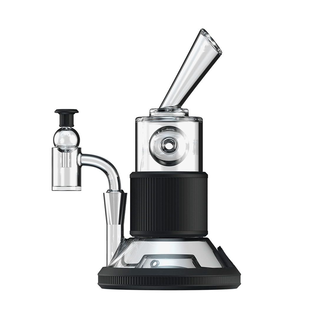 A three-quarter view of the Tandem Rig Kit, showcasing its black base and clear glass chamber with a visible joint.