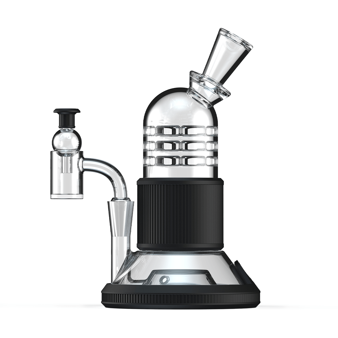 A three-quarter view of the Tandem Rig Kit, featuring a black base and clear glass for a modern aesthetic.