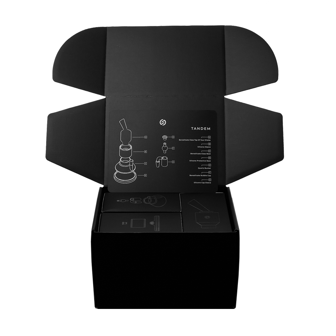 Overhead view of the Tandem Rig Kit, displaying a collection of glass components neatly arranged on a dark surface.