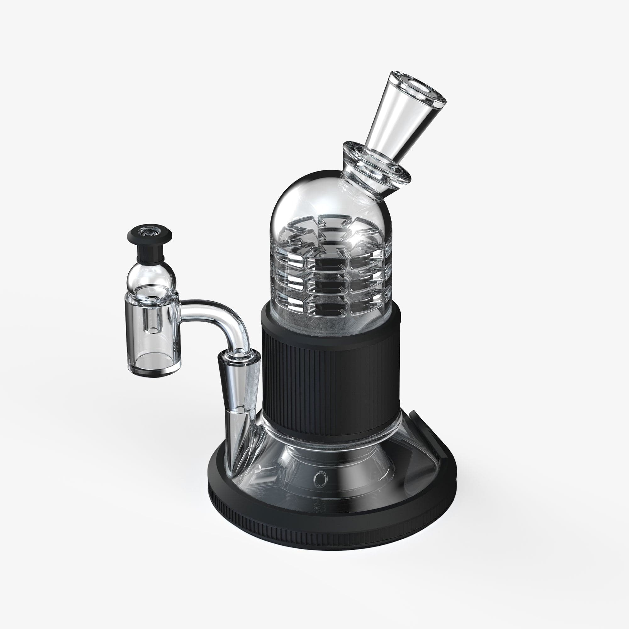 Front view of the Tandem Mason Perc Top, a dark-colored perc bong with a clear glass joint and subtle textural detailing.