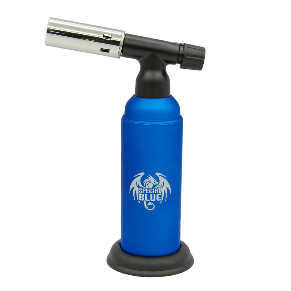 A slightly angled studio shot of the Special Blue 8" Monster Pro 2 Torch Lighter with a black base and metallic nozzle.