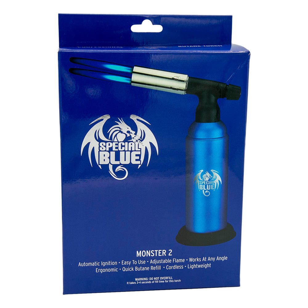 Front view of the Special Blue 8" Monster Pro 2 Torch Lighter with a blue and black design, angled against a dark background.