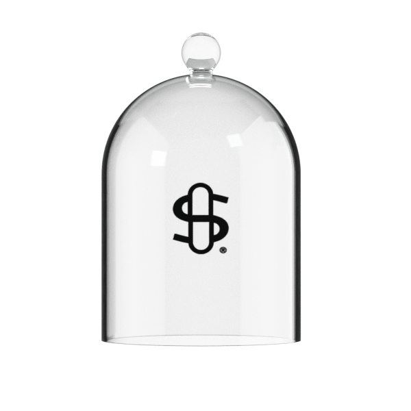 Front-facing view of the Replacement Small Glass Beverage Dome showing its clear rounded bell shape and top knob with subtle studio reflections.