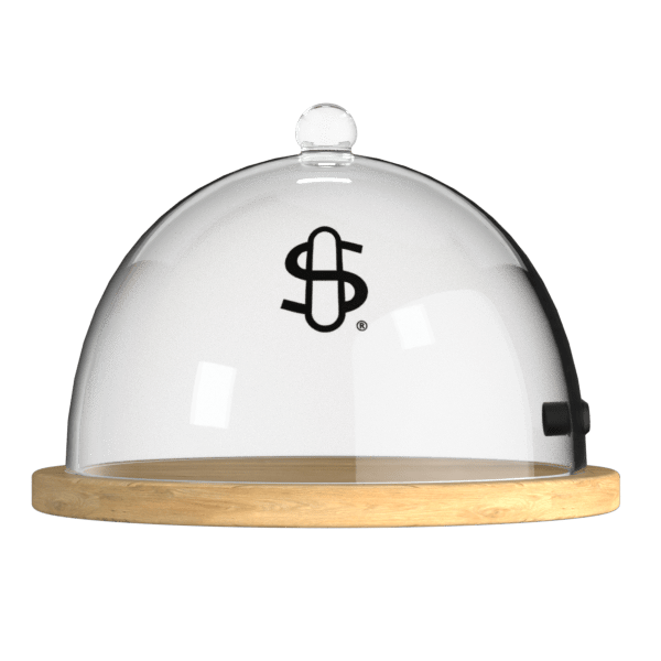 Front-facing view of the Tray Cloche showing a clear glass dome with knob atop a light wood tray and soft studio reflections.