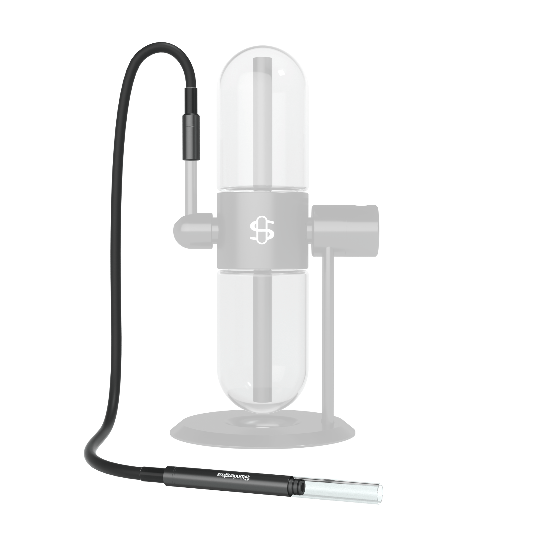 Close-up of the black hose and glass tip assembly beside a faintly visible glass chamber, Dr. Greenthumb's X Stündenglass Hose Assembly