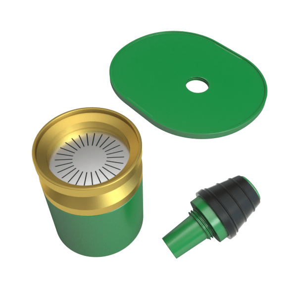Three-quarter top view of Dr. Greenthumb's X StÃ¼ndenglass Infusion Chamber Assembly showing a green and gold cylindrical chamber, matching green oval lid with center hole, and a threaded black-and-green connector.