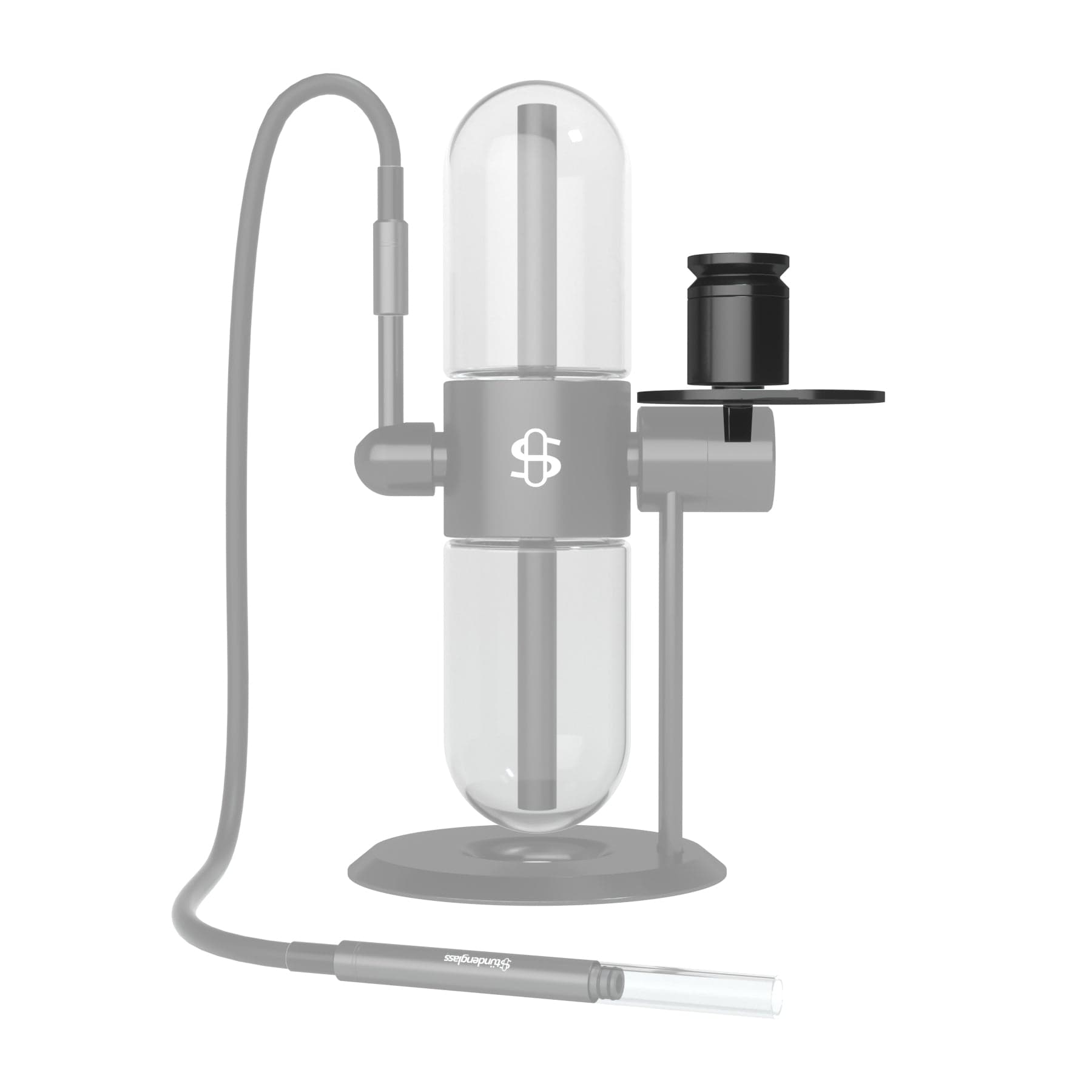Close-up, front view of the glass chamber and side mouthpiece of Dr. Greenthumb's X StÃ¼ndenglass Infusion Chamber Assembly.
