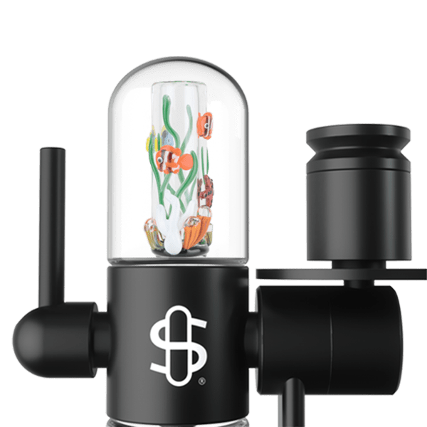A close-up view of the Empire Glassworks Small Upstems, showcasing a clear glass piece with colorful internal designs.