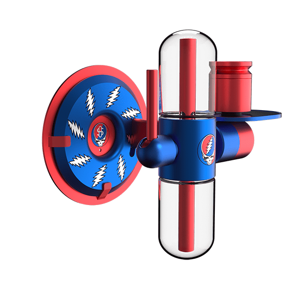 Three-quarter view of the Grateful Dead x Stündenglass Kompact Wall Mount in red and blue with a circular wall plate showing lightning-bolt motifs.