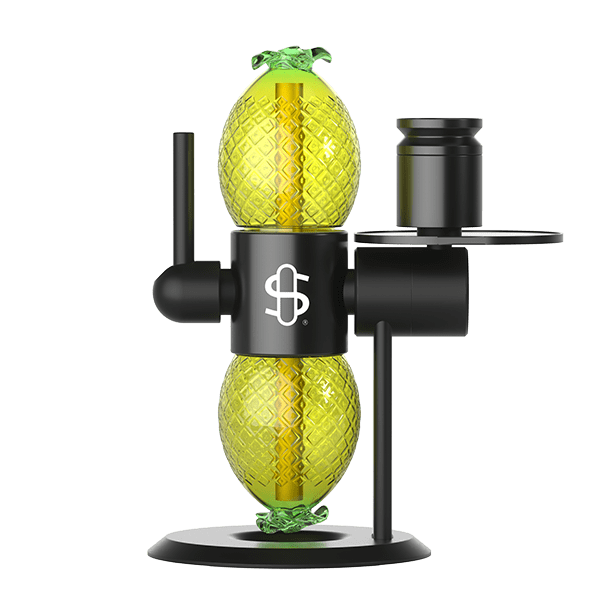 Front view of the Kompact Pineapple Globe (Single), a spherical glass piece with a pineapple texture, mounted on a black stand.