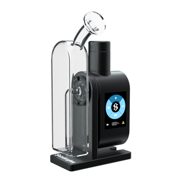 Front view of the Stündenglass Modül + Dok Concentrate Bundle, showcasing its sleek, glass form on a dark surface.