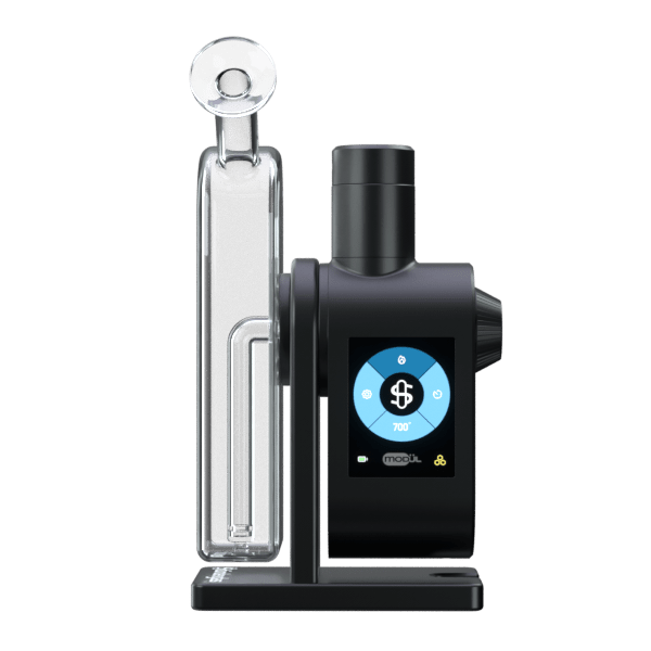 Front view of the Stündenglass Modül + Dok Concentrate Bundle, showing a black electronic device with a clear glass attachment.