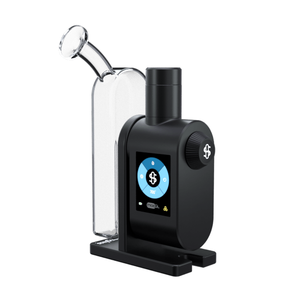 Front view of the Stündenglass Modül + Dok Concentrate Bundle, showcasing a modern, black glass piece on a neutral background.