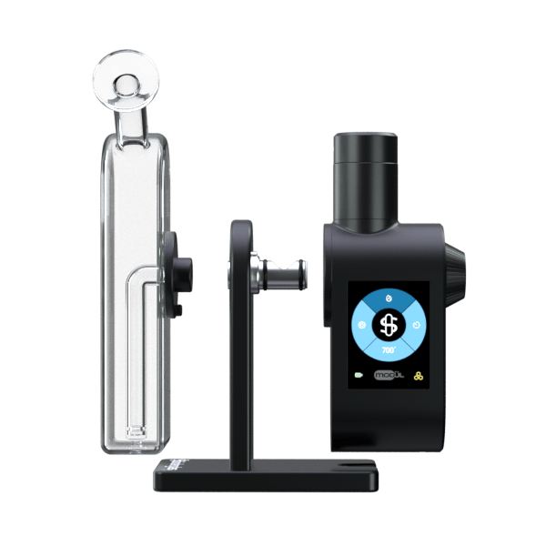 Front view of the Stündenglass Modül + Dok Concentrate Bundle, showing a clear glass attachment connected to a black metallic base.