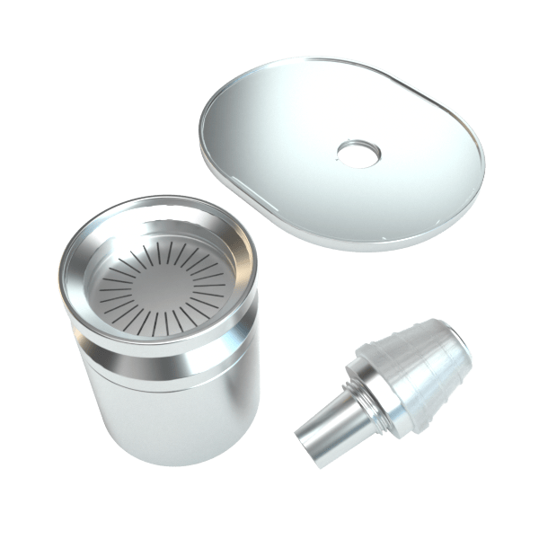Angled top-down view of the Polished Silver Infusion Chamber Assembly showing three polished silver components—a cylindrical chamber with radial slots, a rounded lid with central hole, and a conical insert—on a white background