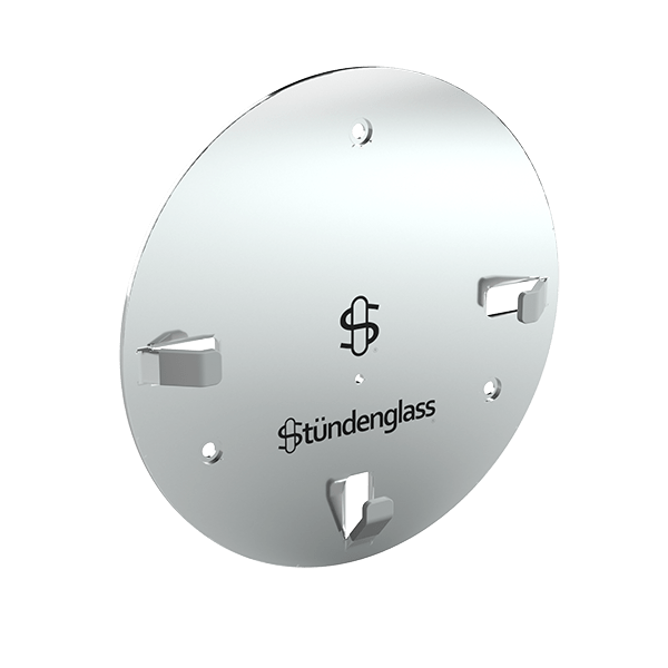 Angled front view of the Polished Silver Wall Mount showing its round reflective plate, three mounting hooks, and centered Stündenglass logo.