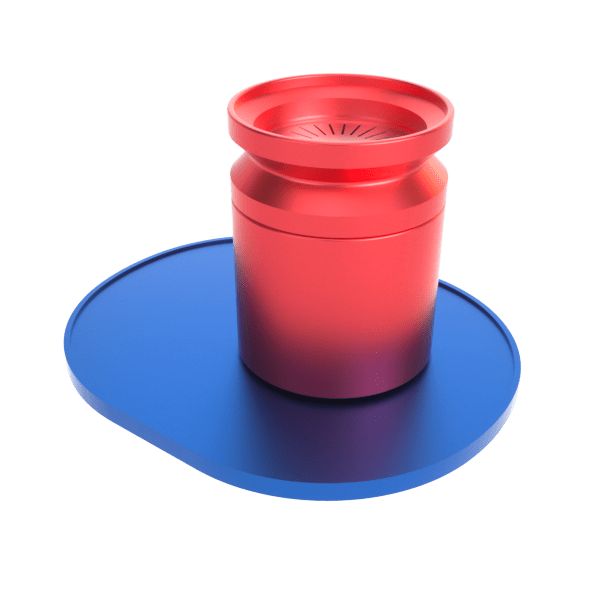 Centered overhead view of the Stündenglass Infusion Chamber Assembly - Blue and Red, a metallic red cylindrical chamber sitting on a glossy blue oval base under soft studio lighting