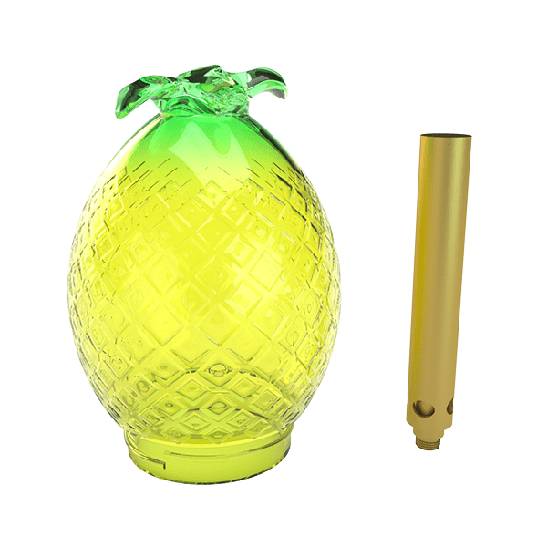 Three-quarter front view of the Stündenglass Pineapple Globe (Single), a translucent yellow-green pineapple-shaped glass vessel beside a gold metal stem.