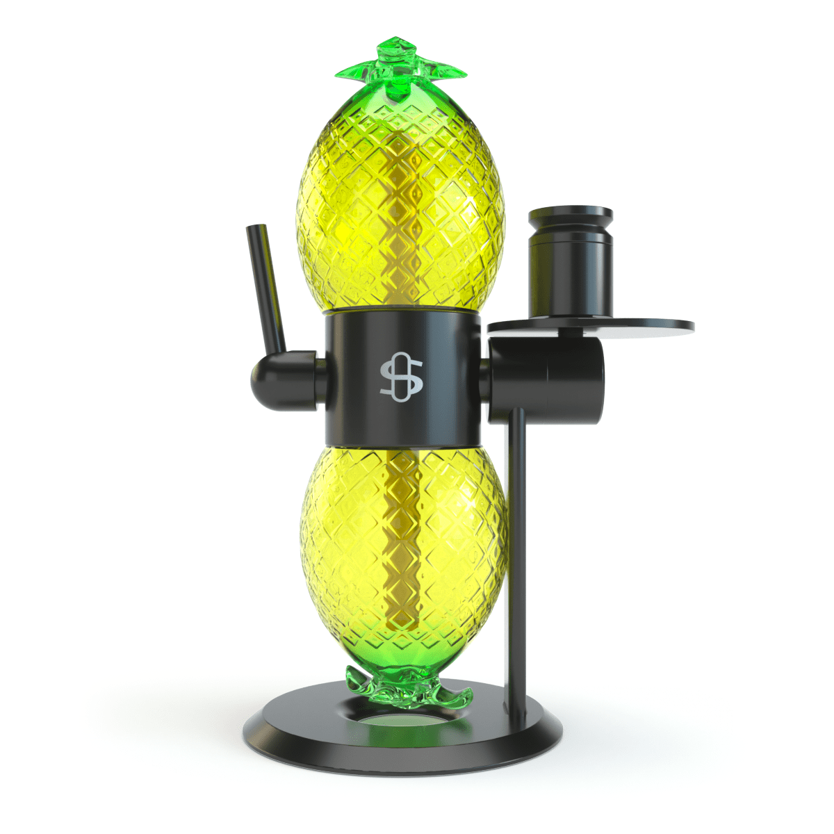 Front view of the Stündenglass Pineapple Globe (Single) showing a yellow-green textured pineapple glass globe mounted in a black metal central clamp and stand.