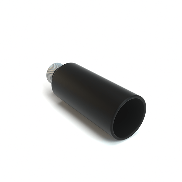 Angled view of the black Standard Hose Adapter showing its open cylindrical end and threaded metal connector on a white background