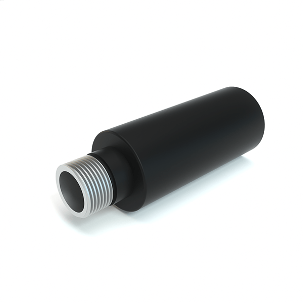 Angled close-up of a black Standard Hose Adapter showing its threaded silver metal connector and smooth cylindrical body on a white background
