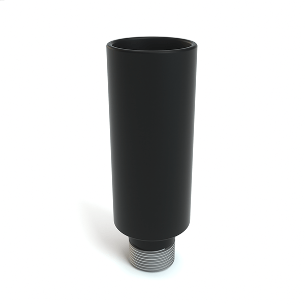Angled front view of the black Standard Hose Adapter showing its cylindrical body and visible threaded metal connector against a white background