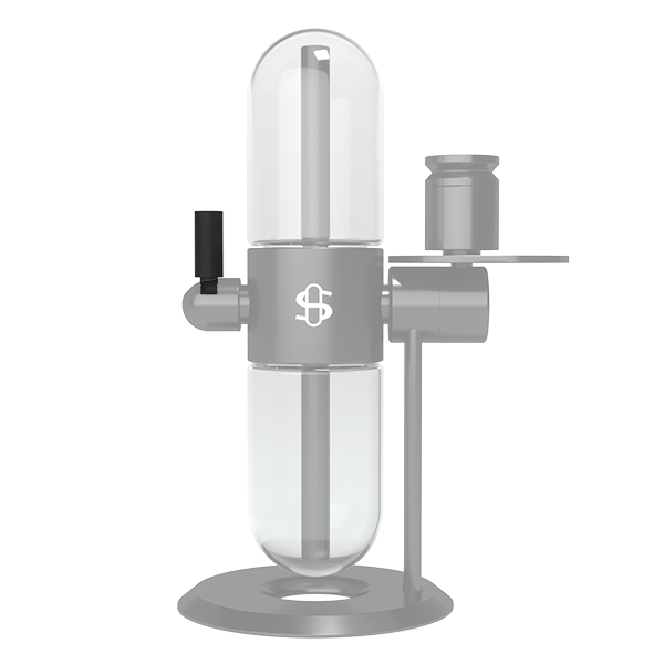 Centered front view of the Standard Hose Adapter showing a translucent cylindrical chamber with a gray central collar and side fittings on a round base