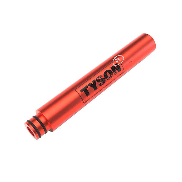 Angled close-up of a metallic red Tyson 2.0 x Stündenglass Hose Wand lying on a white background, showing its logo and o‑ring end.