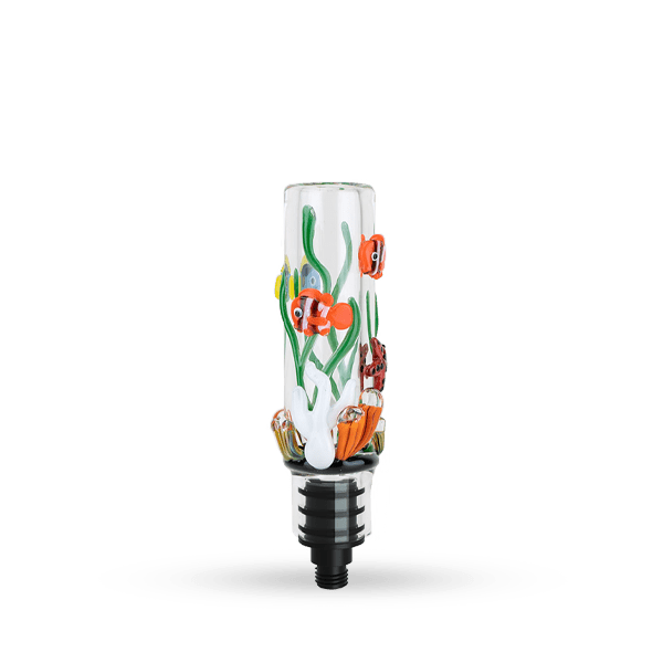 A close-up shot of the Empire Glassworks Small Upstem, showcasing its colorful glass design and joint connection.