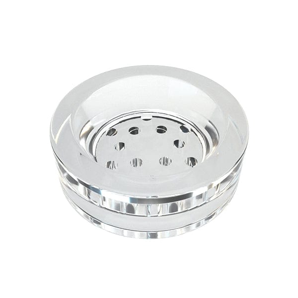 Top-down view of a clear St?ºndenglass Gravity Infuser showing its circular hollow chamber with evenly spaced round holes and polished rim against a white background