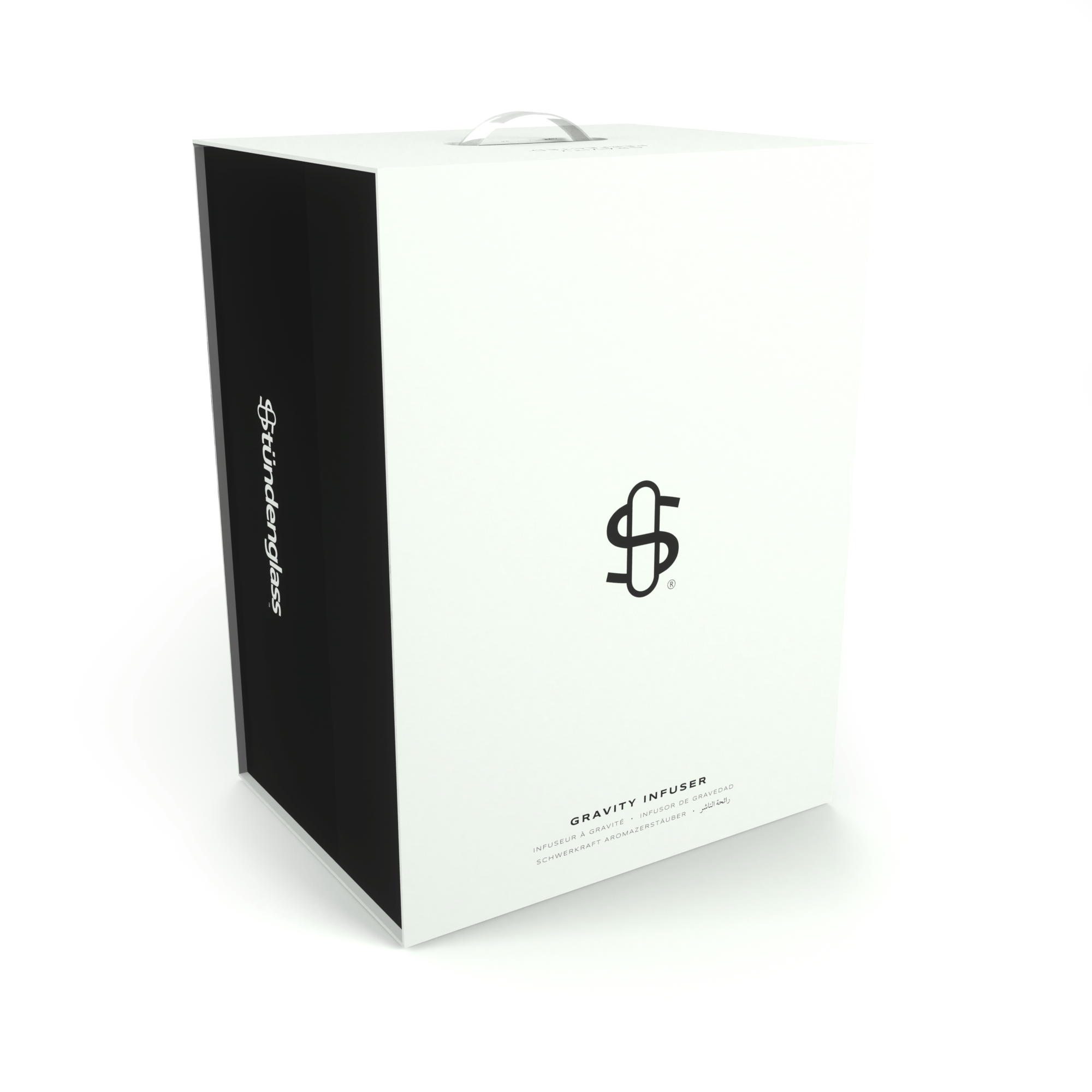 Angled close-up of the white box packaging for the St?ºndenglass Gravity Infuser showing its black side panel, top handle, and centered logo.