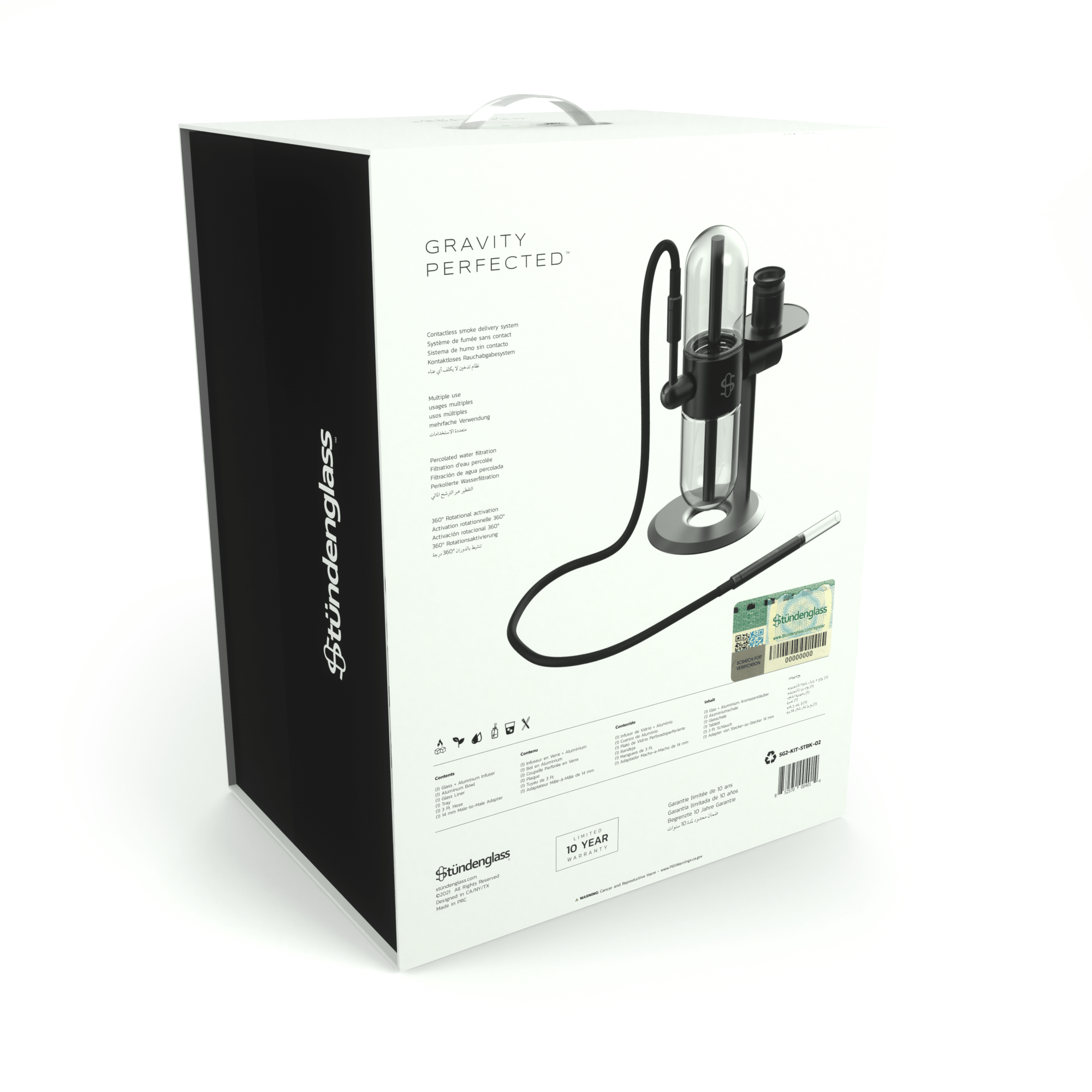 Angled close-up of the Stündenglass Gravity Infuser packaging showing the product photo, black side panel, and top carry handle.